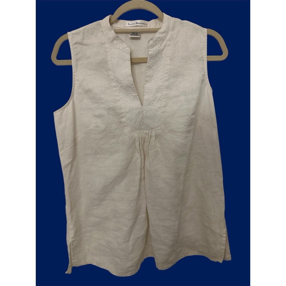 Susan Bristol Cream 100% Linen Sleeveless Embroidered Split Neck Blouse Top M